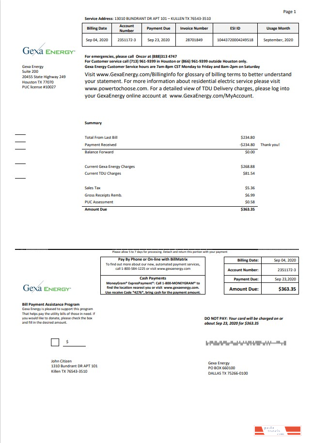 USA Texas Gexa Energy utility bill template in Word format